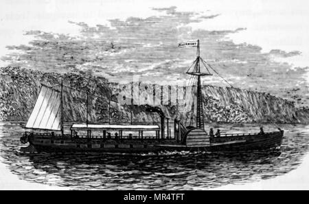 Engraving depicting Robert Fulton's paddle steamer the Clermont which piled between New York and Albany on the Hudson River. This was the first commercially successful paddle steamer and the machinery was supplied by Bolton and Watt. Robert Fulton (1765-1815) an American engineer and inventor. Dated 19th century Stock Photo
