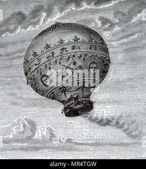 Engraving depicting François Laurent le Vieux d'Arlandes and Jean-François Pilâtre de Rozier in their Montgolfier balloon in which they made the first manned free balloon flight on 21 November 1783. François Laurent le Vieux d'Arlandes (1742-1809) was a French marquis, soldier and a pioneer of hot air ballooning. Jean-François Pilâtre de Rozier (1754-1785) was a French chemistry and physics teacher, and one of the first pioneers of aviation. Dated 18th century Stock Photo