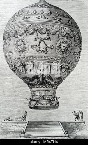 Engraving depicting François Laurent le Vieux d'Arlandes and Jean-François Pilâtre de Rozier in their Montgolfier balloon in which they made the first manned free balloon flight on 21 November 1783. François Laurent le Vieux d'Arlandes (1742-1809) was a French marquis, soldier and a pioneer of hot air ballooning. Jean-François Pilâtre de Rozier (1754-1785) was a French chemistry and physics teacher, and one of the first pioneers of aviation. Dated 18th century Stock Photo