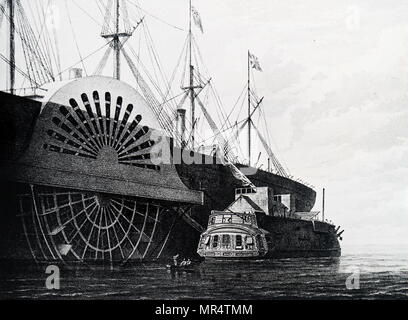Print depicting the transportation of the cables used in the Atlantic Telegraph. The transatlantic telegraph cable was an undersea cable running under the Atlantic Ocean used for telegraph communications. Transatlantic telegraph cables have since been replaced by transatlantic telecommunications cables. Dated 19th century Stock Photo