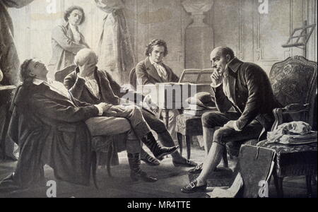 Painting of Ludwig van Beethoven (1770-1827) a German composer and pianist, with his friends. Painted by Albert Gräfle (1809-1889) a German historical, genre, and portrait painter. Dated 19th century Stock Photo