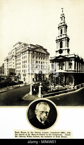 Photograph of Bush House and the architect Harvey Wiley Corbett (inset). Harvey Wiley Corbett (1873-1954) an American architect. Dated 20th century Stock Photo