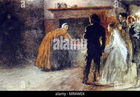 Painting depicting the visit from the madwoman after the marriage of Jane Eyre and Mr Rochester from Charlotte Brontë's 'Jane Eyre'. Charlotte Brontë (1816-1855) an English novelist and poet, and eldest of the three Brontë sisters. Dated 19th century Stock Photo