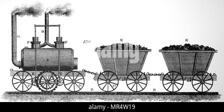 Engraving depicting Matthew Murray's steam locomotive built for John Blenkinsop used to haul coals from Middleton Colliery to Leeds in 1812. Matthew Murray (1765-1826) an English steam engine and machine tool manufacturer, who designed and built the first commercially viable steam locomotive, the twin cylinder Salamanca. John Blenkinsop (1783-1831) an English mining engineer and inventor of steam locomotives, who designed the first practical railway locomotive. Dated 19th century Stock Photo