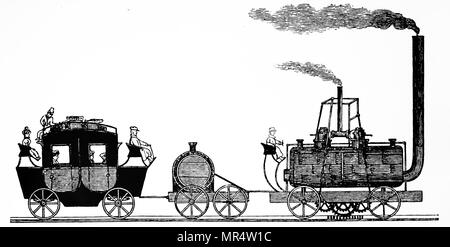 Engraving depicting Matthew Murray's steam locomotive built for John Blenkinsop used to haul a passenger coach.  Matthew Murray (1765-1826) an English steam engine and machine tool manufacturer, who designed and built the first commercially viable steam locomotive, the twin cylinder Salamanca. John Blenkinsop (1783-1831) an English mining engineer and inventor of steam locomotives, who designed the first practical railway locomotive. Dated 19th century Stock Photo