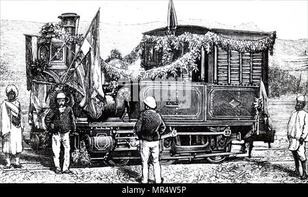 Engraving depicting the arrival of the first train at Ulwar Railway Station. Dated 19th century Stock Photo