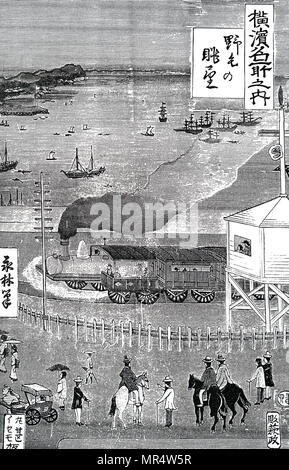 Woodcut engraving depicting the arrival of the first railway locomotive at Jeddo, Japan. Dated 19th century Stock Photo