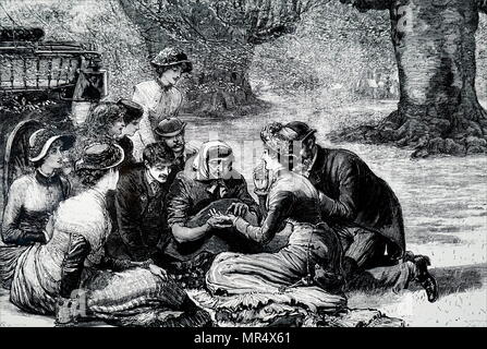 Illustration depicting picnickers having their palms read, by an old gypsy woman, at Burnham Beeches. Dated 19th century Stock Photo