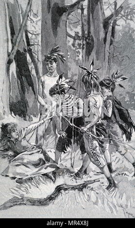 Painting depicting children playing Red Indians. The boys are seen here teasing a young girls, whilst dressed up as Native Americans. Dated 19th century Stock Photo