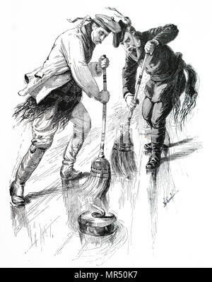 Illustration depicting two men playing curling in Canada. Dated 19th century Stock Photo