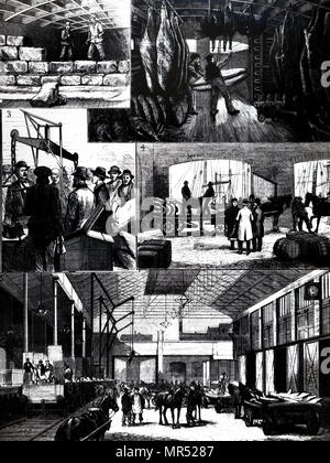 Engraving depicting the process of moving chilled meat from the US to Liverpool aboard the Ohio. 1) Ice store between decks. 2) Sending meat up from the refrigerated hold. 3)Weighing of meat. 4) Loading floats (carts): the one shown bears the name of the London and North Western Railway. 5) Loading meat on the LNWR trains for distribution. Dated 19th century Stock Photo