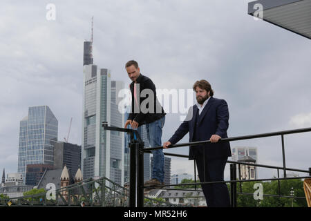 Actors Wanja Mues (left) an (Antoine Monot, Jr. (right) pose on the terrace of the upper floor of the houseboat that is owned by Mues' character Leo in the TV show, with the Frankfurt skyline in the background. 4 new episodes of the relaunch of the long running TV series 'Ein Fall fuer zwei’ (A case for two) are being filmed in Frankfurt for the German state TV broadcaster ZDF (Zweites Deutsches Fernsehen). It stars Antoine Monot, Jr. as defence attorney Benjamin ‘Benni’ Hornberg and Wanja Mues as private investigator Leo Oswald. The episodes are directed by Thomas Nennstiel. The episodes are  Stock Photo