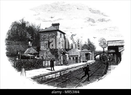 Engraving depicting a view of North Staffordshire railway station, located at Alton Towers. Dated 19th century Stock Photo