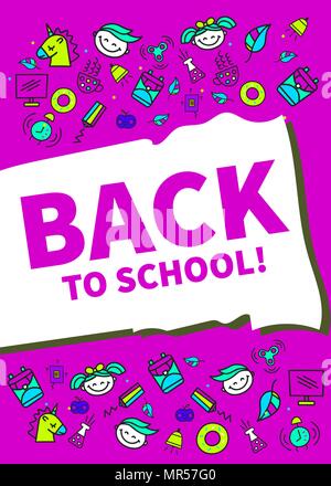 Back to school banner in cartoon style, template, background, flyer. Cute school set of elements. Vector illustration Stock Vector