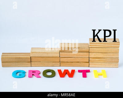 Wooden block like a stair case with KPI and Growth words on white background. Stock Photo