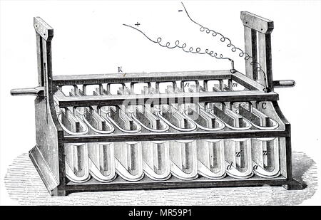 Engraving depicting William Hyde Wollaston's battery: in the model there are sixteen couples arranged in two parallel series of eight. William Hyde Wollaston (1766-1828) an English chemist and physicist. Dated 19th century Stock Photo