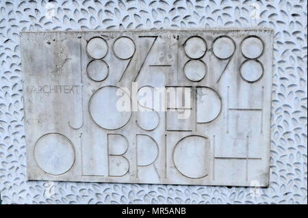 Photograph of a commemorative stone for the architect on the exterior of the Secession Building in Vienna, Austria, built by Joseph Maria Olbrich. Joseph Maria Olbrich (1867-1908) an Austrian architect and co-founder of the Vienna Secession. Dated 21st Century Stock Photo