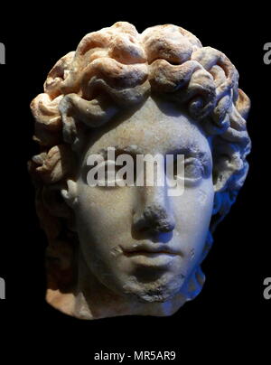 A photograph of a Roman marble bust depicting the head of Alexander the ...