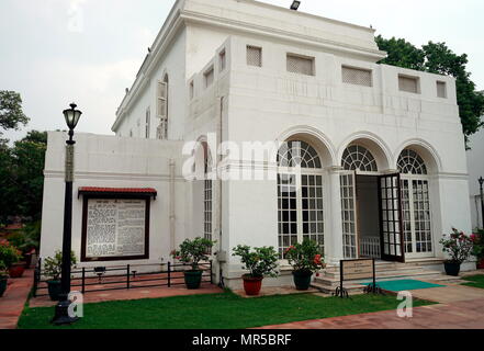 Photograph of Mahatma Gandhi's last home in New Delhi India. At 5:17 pm on 30 January 1948, Gandhi was with his grandnieces in the garden of the former Birla House (now Gandhi Smriti), on his way to address a prayer meeting, when Nathuram Godse fired three bullets from a Beretta 9 mm pistol into his chest at point-blank range. Stock Photo