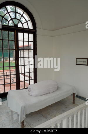 Photograph of Mahatma Gandhi's last home in New Delhi India. At 5:17 pm on 30 January 1948, Gandhi was with his grandnieces in the garden of the former Birla House (now Gandhi Smriti), on his way to address a prayer meeting, when Nathuram Godse fired three bullets from a Beretta 9 mm pistol into his chest at point-blank range. Stock Photo