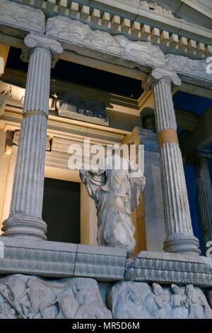 The Nereid Monument is a sculptured tomb from Xanthus in classical period Lycia, Turkey. It took the form of a Greek temple on top of a base decorated with sculpted friezes, and is thought to have been built in the early fourth century BC as a tomb for Arbinas, the Xanthian dynast who ruled western Lycia Stock Photo