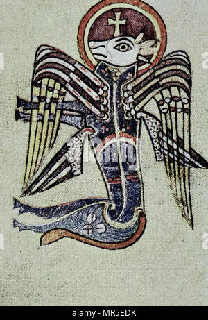 evangelical symbol from the Book of Kells. Fol. 27 V.  The Book of Kells is an illuminated manuscript Gospel book in Latin, containing the four Gospels of the New Testament together with various prefatory texts and tables. It was created in a Columban monastery in Ireland, c. 800 AD. Stock Photo