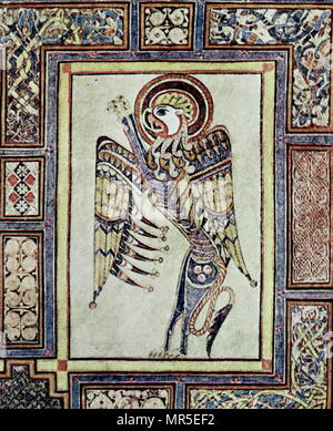 evangelical symbol from the Book of Kells. Fol. 27 V.  The Book of Kells is an illuminated manuscript Gospel book in Latin, containing the four Gospels of the New Testament together with various prefatory texts and tables. It was created in a Columban monastery in Ireland, c. 800 AD. Stock Photo