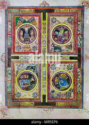 Evangelical Symbol, Fol. 129 V, from the Book of Kells.  The Book of Kells is an illuminated manuscript Gospel book in Latin, containing the four Gospels of the New Testament together with various prefatory texts and tables. It was created in a Columban monastery in Ireland, c. 800 AD. Stock Photo