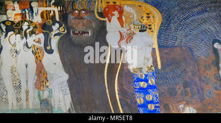The Beethoven Frieze is a painting by Gustav Klimt on display in the Secession Building, Vienna, Austria. In 1901, Klimt painted the Beethoven Frieze for the 14th Vienna Secessionist exhibition in celebration of the composer. Meant for the exhibition only, the frieze was painted directly on the walls with light materials. The frieze illustrates human desire for happiness in a suffering and tempestuous world in which one contends not only with external evil forces but also with internal weaknesses. Stock Photo