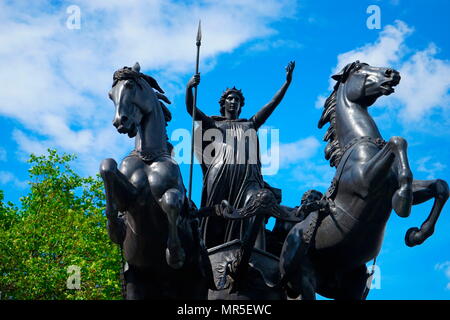 Thomas Thorneycroft's statue of Boadicea and her Daughters in London. Boudicca or Boudicca was a queen of the British Celtic Iceni tribe who led an uprising against the occupying forces of the Roman Empire in AD 60 or 61, and died shortly after its failure. Stock Photo