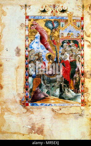 Illustration of Christ entering Jerusalem on a donkey. Armenian Christian illustrated manuscript from the 14th century Stock Photo