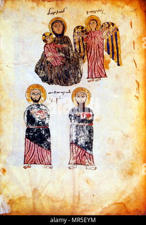 Armenian Christian illustrated manuscript showing An angel, Mary and Jesus with two apostles. 13th century Stock Photo