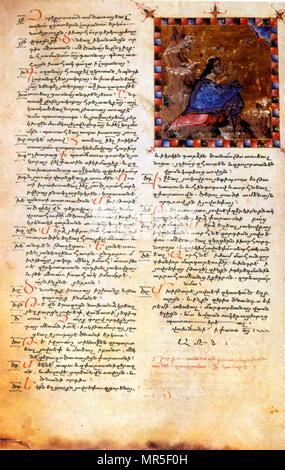 Armenian Christian illustrated manuscript showing the Hebrew prophet Moses receiving the commandments, 13th century Stock Photo