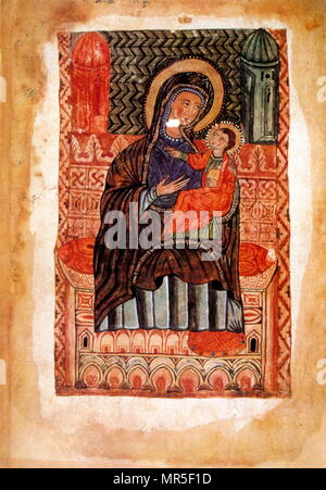Armenian Christian illustrated manuscript showing Mary with the infant Jesus; 13th century Stock Photo