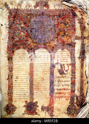 Armenian Christian illustrated manuscript showing a table of Homilies. 13th century; A homily is a commentary that follows a reading of scripture Stock Photo