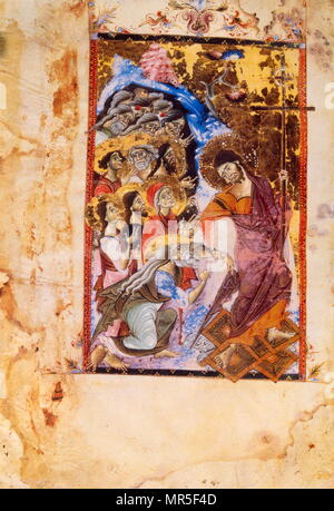 Armenian Christian illustrated manuscript showing the burial of Jesus after crucifixion, described in the New Testament. According to the canonical gospel accounts, he was placed in a tomb by a man named Joseph of Arimathea. 13th century Stock Photo