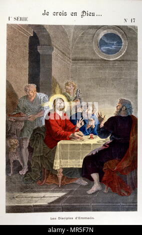 Illustration from the 'Grand Catechism for Families'. 1907. depicting Supper at Emmaus. the moment when the resurrected but incognito Jesus, reveals himself to two of his disciples (presumed to be Luke and Cleopas); in the town of Emmaus Stock Photo