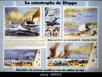 Propaganda poster issued by the Vichy French government  attacking the Dieppe Raid. The raids was also known as the Battle of Dieppe, or Operation Rutter during planning stages, and by its final official code-name Operation Jubilee, was an Allied attack on the German-occupied port of Dieppe during the Second World War. The raid took place on the northern coast of France on 19 August 1942. The assault began at 5:00 a.m., and by 10:50 a.m. the Allied commanders were forced to call a retreat. Stock Photo