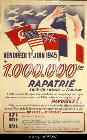 French propaganda poster announcing celebrations for the repatriation of the one millionth deported French citizen in July 1945 after the end of World War two. Stock Photo