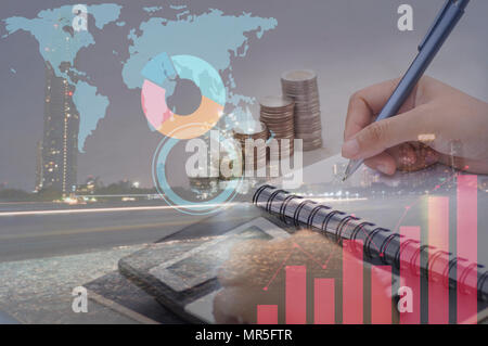 double exposure of Businesswoman Hand Calculating Invoice Using Calculator At Desk In Office  and  nigt city, concept in finance, account and capital  Stock Photo