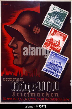 German world war two propaganda poster. 'We must use WHW War Stamps'. 1942. Three German stamps illustrate the beauty of the late medieval architecture of Heidelberg, Bremen and Kaub. The stamps were issued with a surtax to support 'Winter Help Week,' an army charity that gave clothing to German troops who were ill equipped to fight the Soviets and the bitter cold. A Wehrmacht soldier is shown in perfect profile next to the stamps. Published by Propaganda. Office of the Reich Commissioner Stock Photo