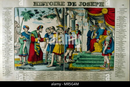 French 19th century illustrations depicting the sale of Joseph into slavery in Egypt. He is also seen interpreting the dreams of the Egyptian Pharaoh. Stock Photo