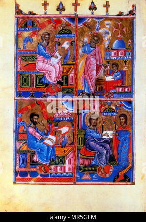 14th century, Armenian Evangelical manuscript, The four evangelists. Matthew, mark, Luke and John. Stock Photo