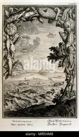 Copperplate engraving from 'Physica Sacra' by Swiss scholar, Johann Jakob Scheuchzer (1672 – 1733). Scheuchzer believed the Old Testament was a factual representation of human history & natural life. Physica Sacra is a compilation of art, science & spirituality. Scheuchzer uses the Bible as a reference for describing the natural world. Physica Sacra is also known as the Kupfer-Bibel which translates to “Copper Bible.” The sketches were done by Johann Melchior Fussli & a number of engravers worked on the compilation. Originally published in 1731, it features over 700 copper plate engravings Stock Photo