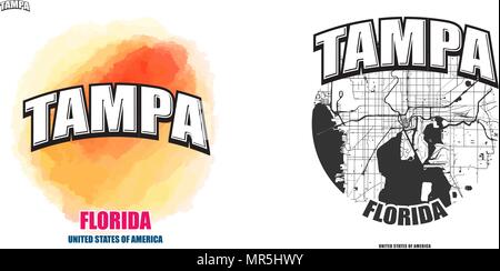 Tampa, Florida, logo design. Two in one vector arts. Big logo with vintage letters with nice colored background and one-color-version with map for eve Stock Vector