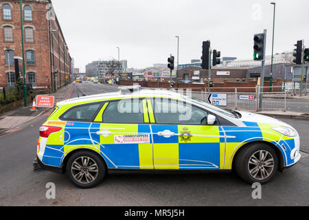 Road block. Police car blocking a street preventing entry, Nottingham, England, UK Stock Photo