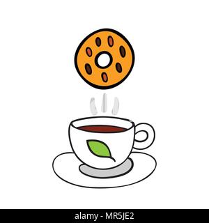Cartoon cookie and cup of tea isolated on white background. Stock Vector