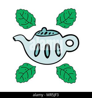 Cartoon teapot with mint isolated on white background. Stock Vector