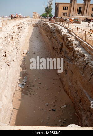 Solar Boat pit, Giza Pyramids Plateau, Egypt, built to hold the Khufu ship, (Solar Ship), from Ancient Egypt, was sealed into a pit in the Giza pyramid complex, at the foot of the Great Pyramid of Giza, around 2500 BC. The ship now is preserved in the Giza Solar boat museum. The ship was almost certainly built for Khufu (King Cheops), the second pharaoh of the Fourth Dynasty of the Old Kingdom of Egypt. Stock Photo