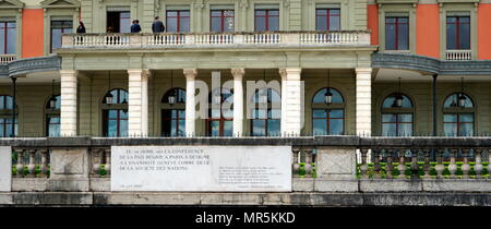 The Palais Wilson in Geneva, Switzerland, headquarters of the Office of the United Nations High Commissioner for Human Rights. It was also the headquarters of the League of Nations from 1920  to 1936,  the building was named after U.S. President Woodrow Wilson, who was instrumental to the foundation of the League of Nations. Stock Photo